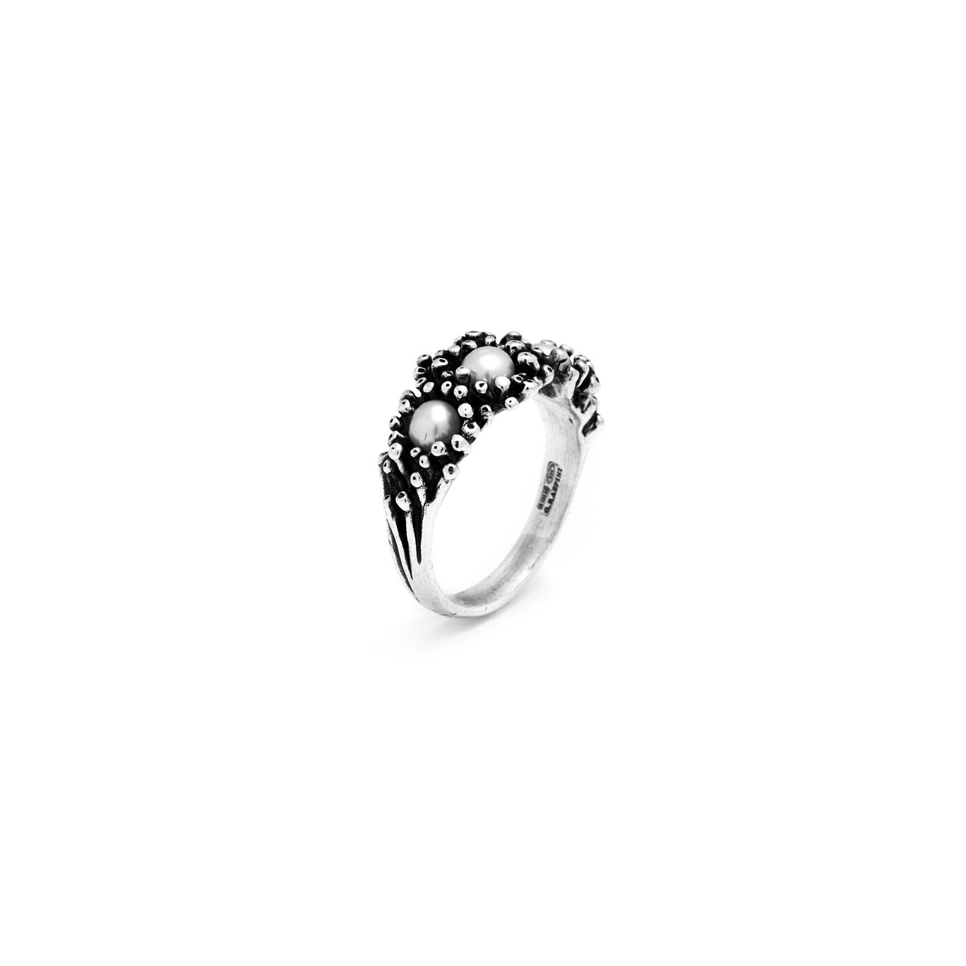Anemone Trilogy Ring in Sterling Silver and natural pearls