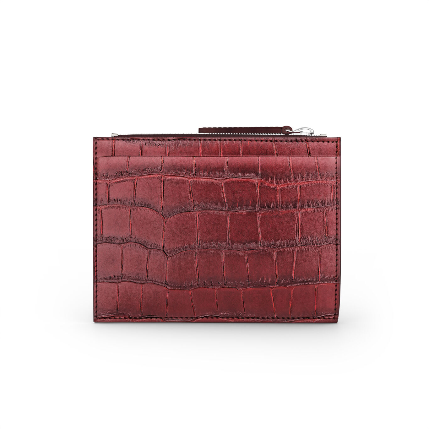 Porte-cartes Zipp&eacute; en Cuir Croco Bordeaux