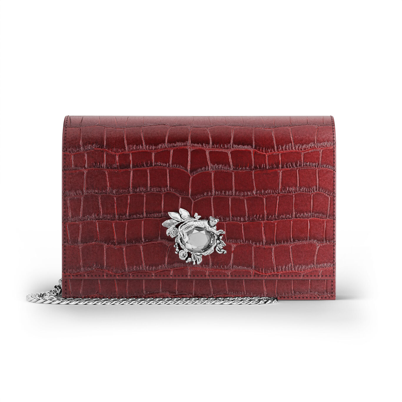 Pochette Jungle en Cuir Croco Bordeaux, Pochette en cuir et d&eacute;coration en bronzobianco_image number 0_Giovanni Raspini