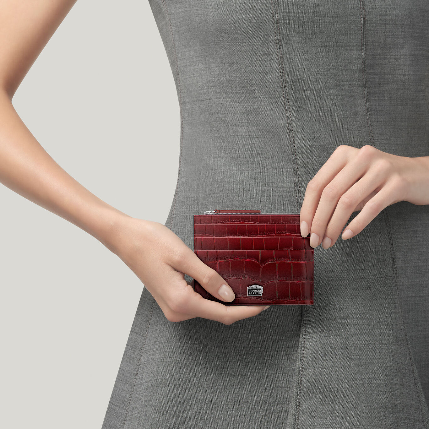 Burgundy Croco Leather Card Holder with Zip, Leather cardholder with iconic sterling silver decoration_image number 5_Giovanni Raspini