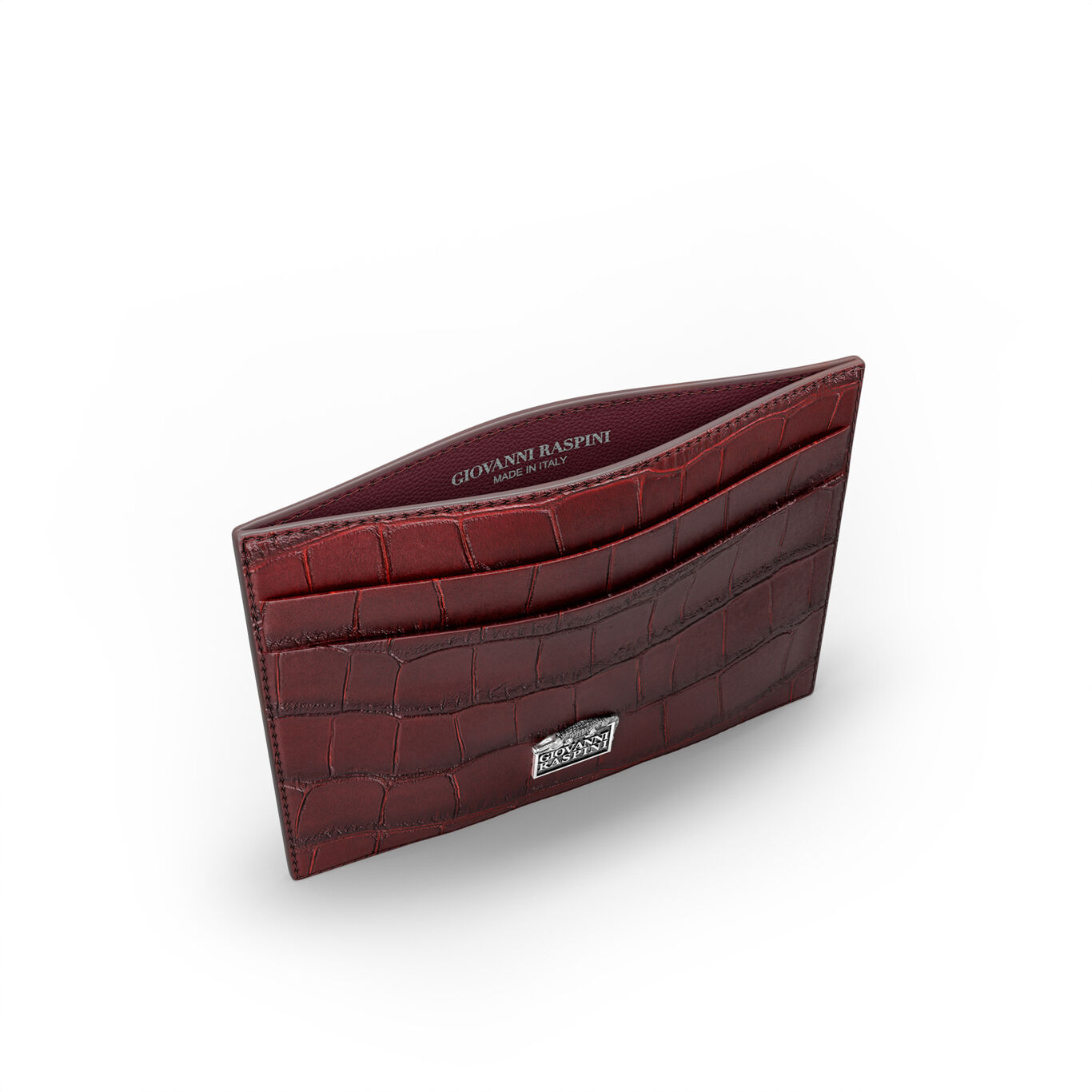 Burgundy Croco Leather Card Holder, Leather cardholder with iconic sterling silver decoration_image number 3_Giovanni Raspini