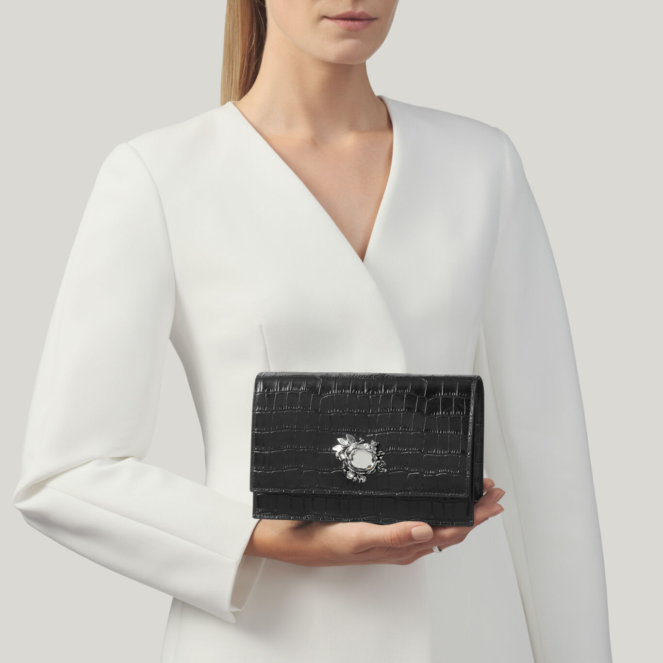 Black Croco Leather Jungle Clutch Bag, Leather Clutch Bag with bronzobianco decoration_image number 5_Giovanni Raspini