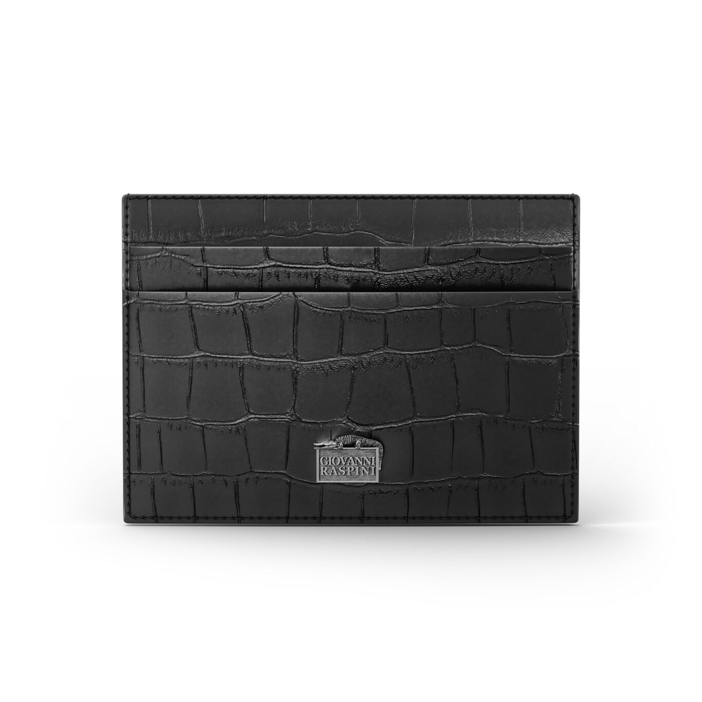 Black Croco Leather Card Holder, Leather cardholder with iconic sterling silver decoration_image number 0_Giovanni Raspini