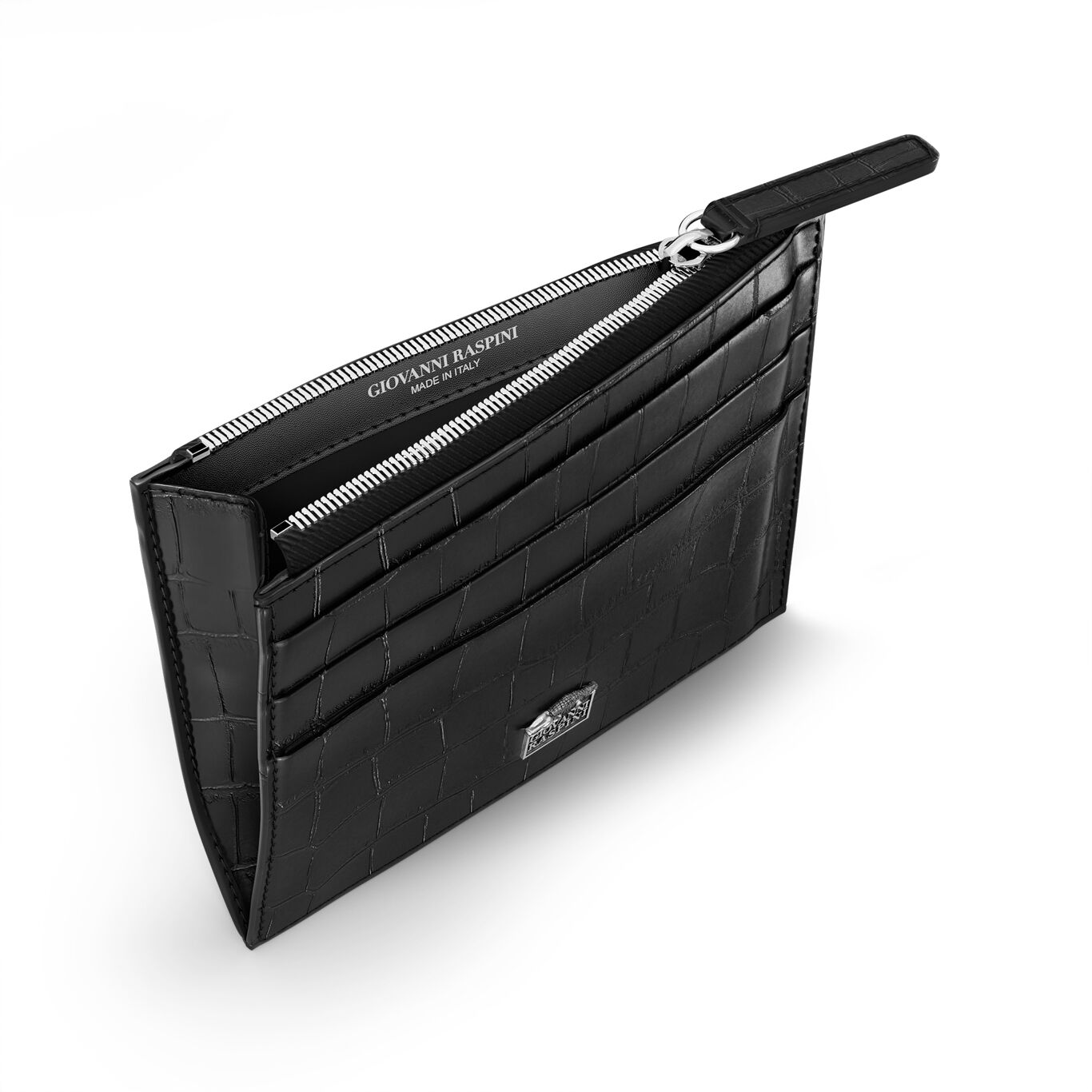 Black Croco Leather Card Holder with Zip, Leather cardholder with iconic sterling silver decoration_image number 3_Giovanni Raspini