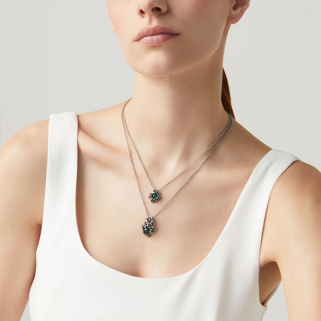 Daisies Garden Double Necklace, Necklace in Sterling Silver green agate and tourmaline quartz_image number 1_Giovanni Raspini
