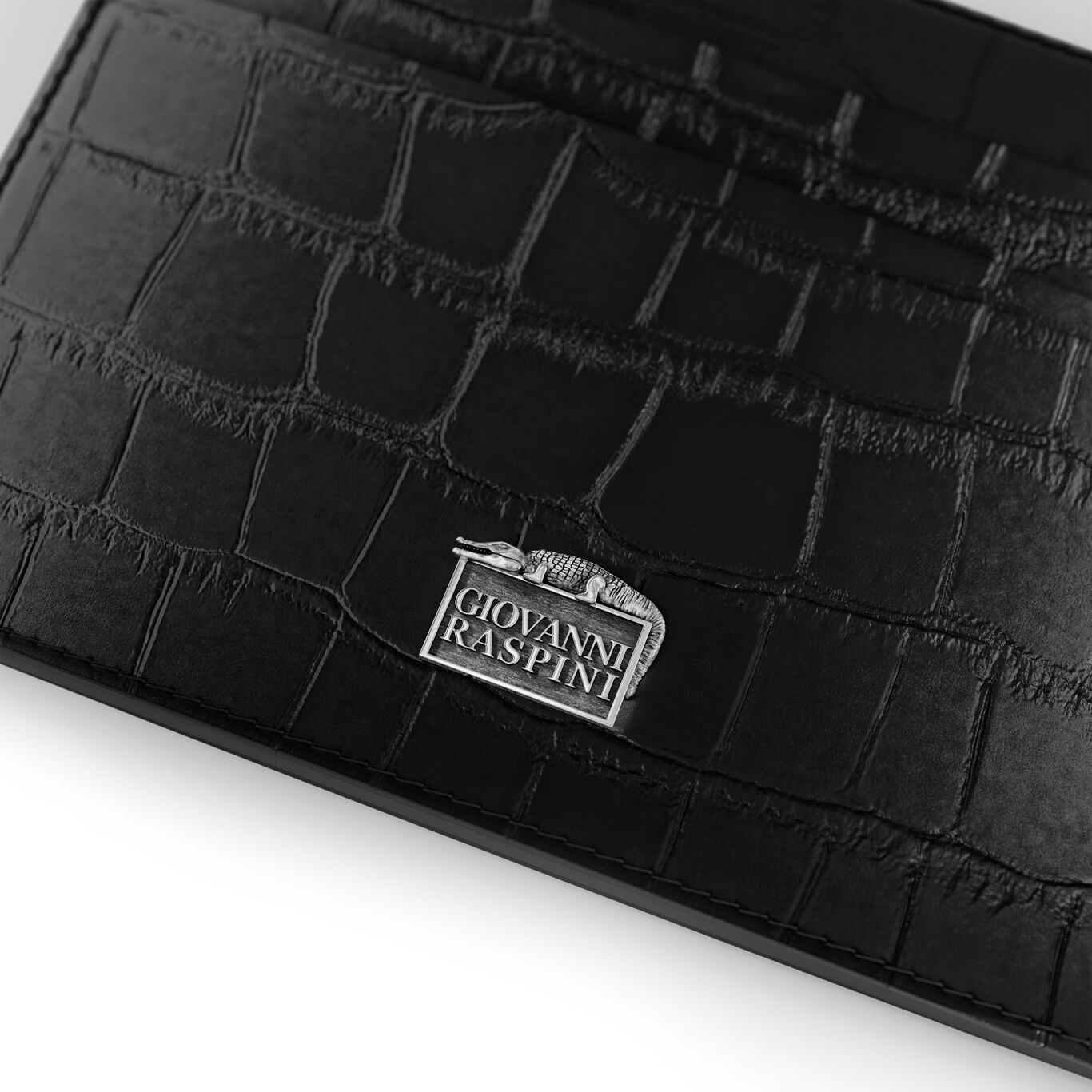 Black Croco Leather Card Holder, Leather cardholder with iconic sterling silver decoration_image number 2_Giovanni Raspini