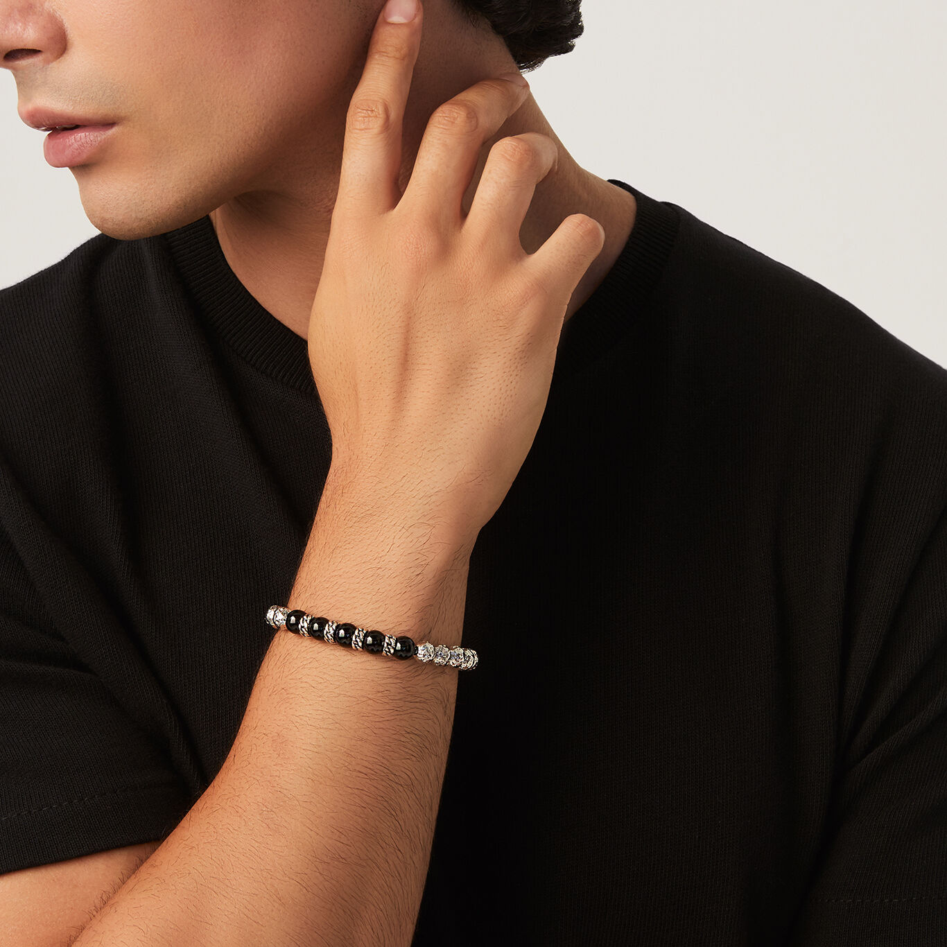 Onyx Spheres And Wheat Chain Big Bracelet