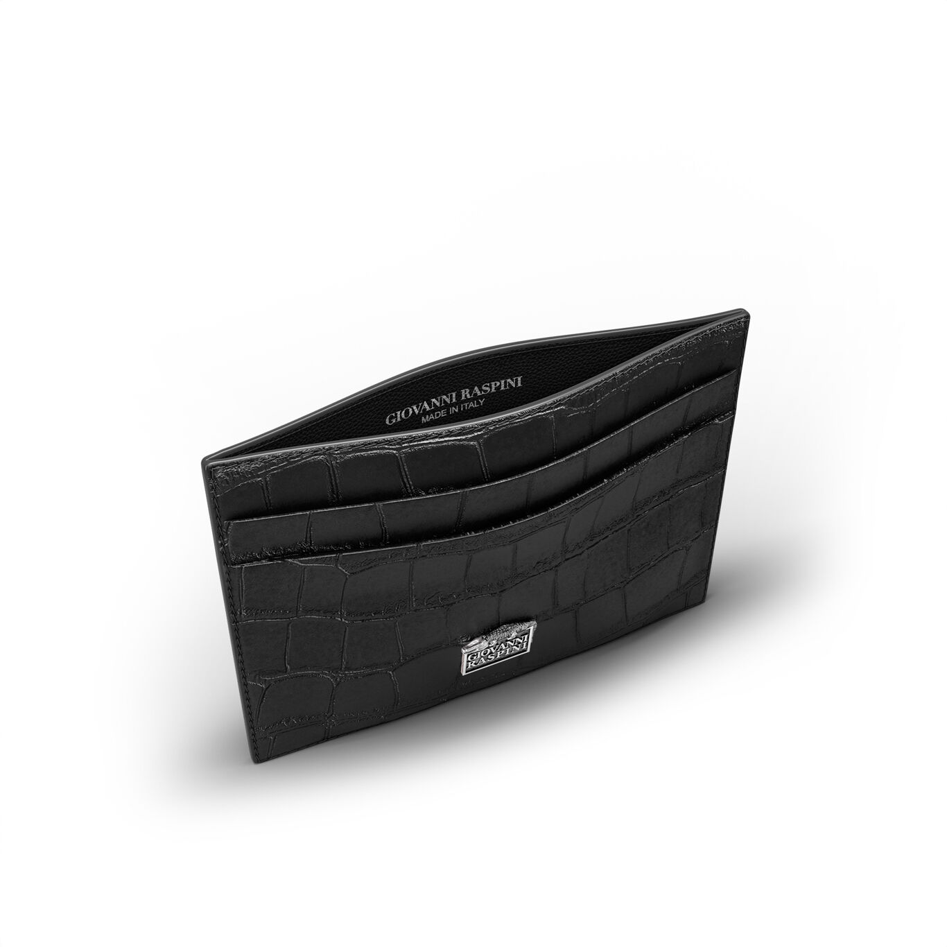 Black Croco Leather Card Holder, Leather cardholder with iconic sterling silver decoration_image number 3_Giovanni Raspini