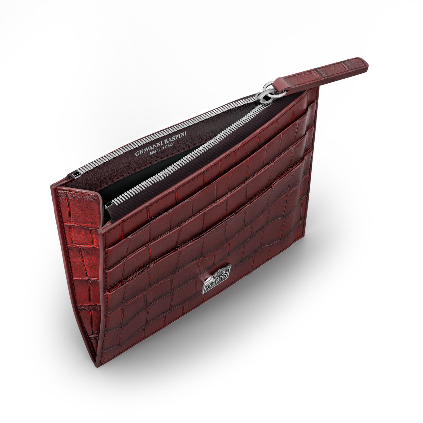Porte-cartes Zipp&eacute; en Cuir Croco Bordeaux, Porte-cartes en cuir et d&eacute;coration embl&eacute;matique en argent massif_image number 3_Giovanni Raspini