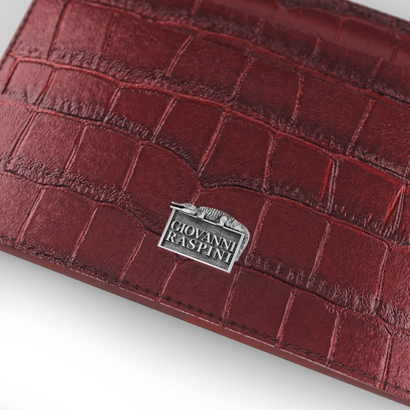 Burgundy Croco Leather Card Holder, Leather cardholder with iconic sterling silver decoration_image number 2_Giovanni Raspini