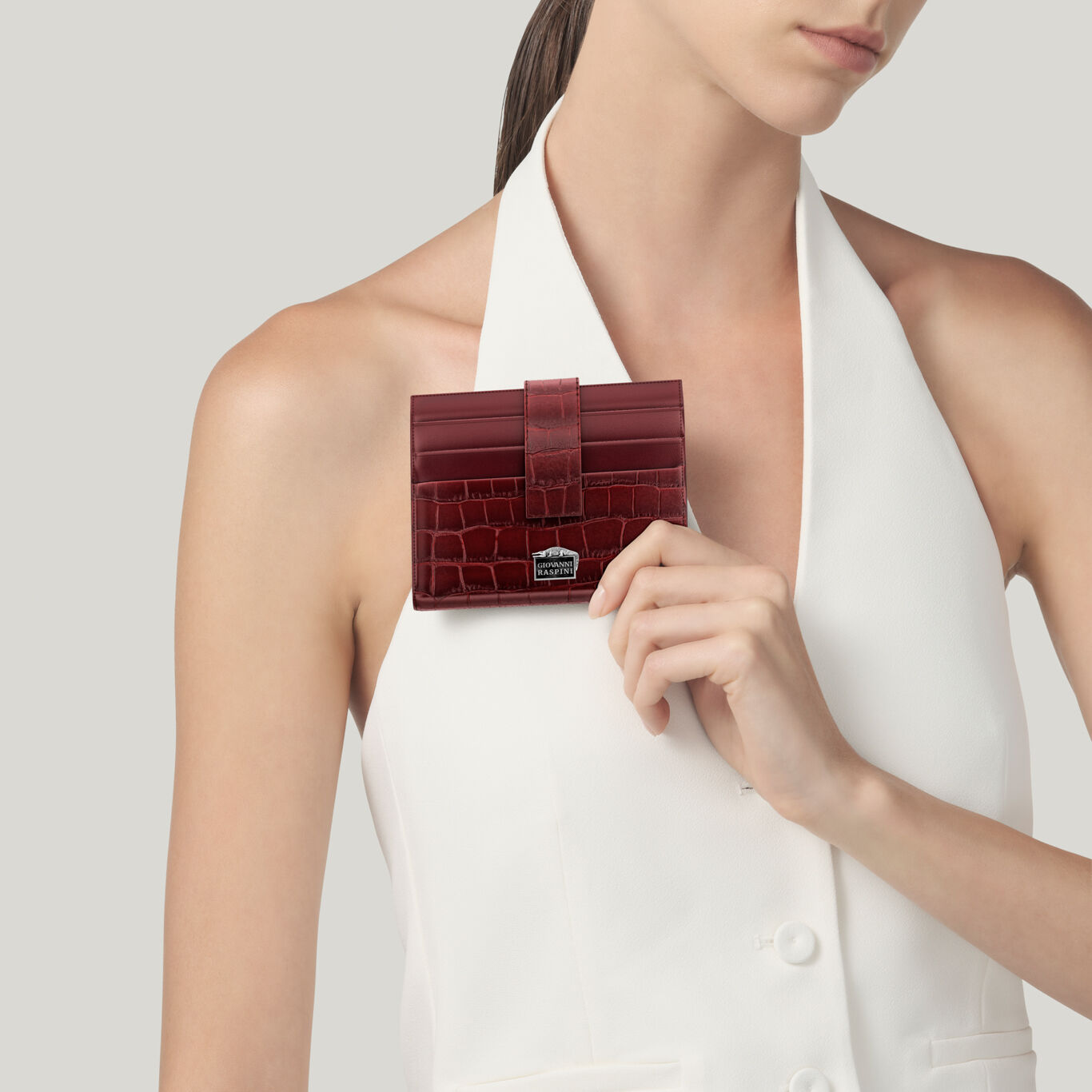 Burgundy Croco Leather Card Holder Wallet, Leather wallet with iconic sterling silver decoration_image number 5_Giovanni Raspini