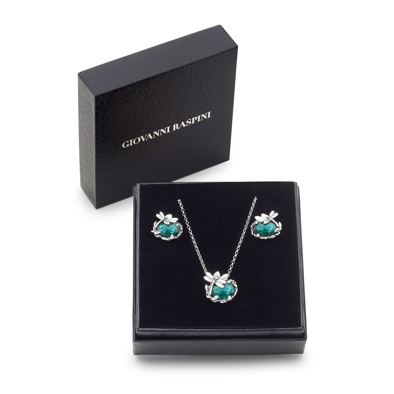 Eden Dragonfly Set, Necklace and Earrings in Sterling Silver and emerald-colored quartz_image number 2_Giovanni Raspini