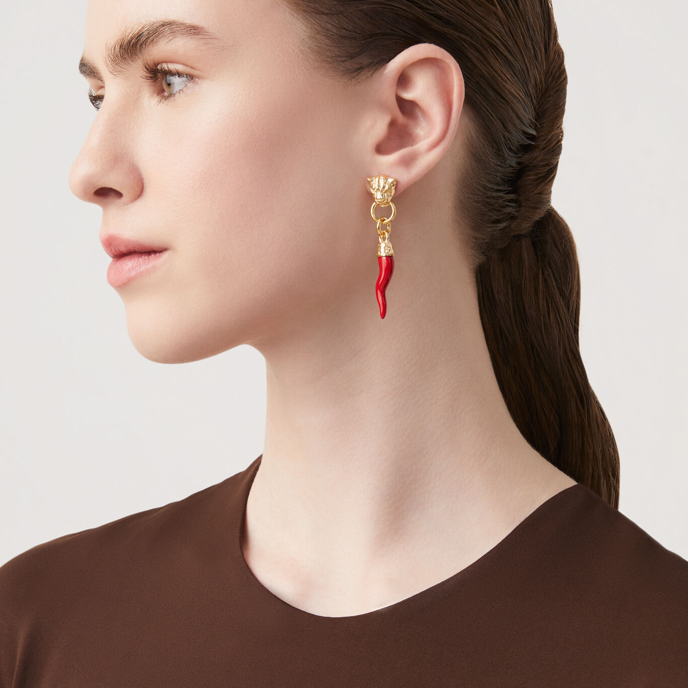 Leopard And Italian Horn Charm Earrings, 18k Gold Plated sterling silver and resin earrings_image number 1_Giovanni Raspini