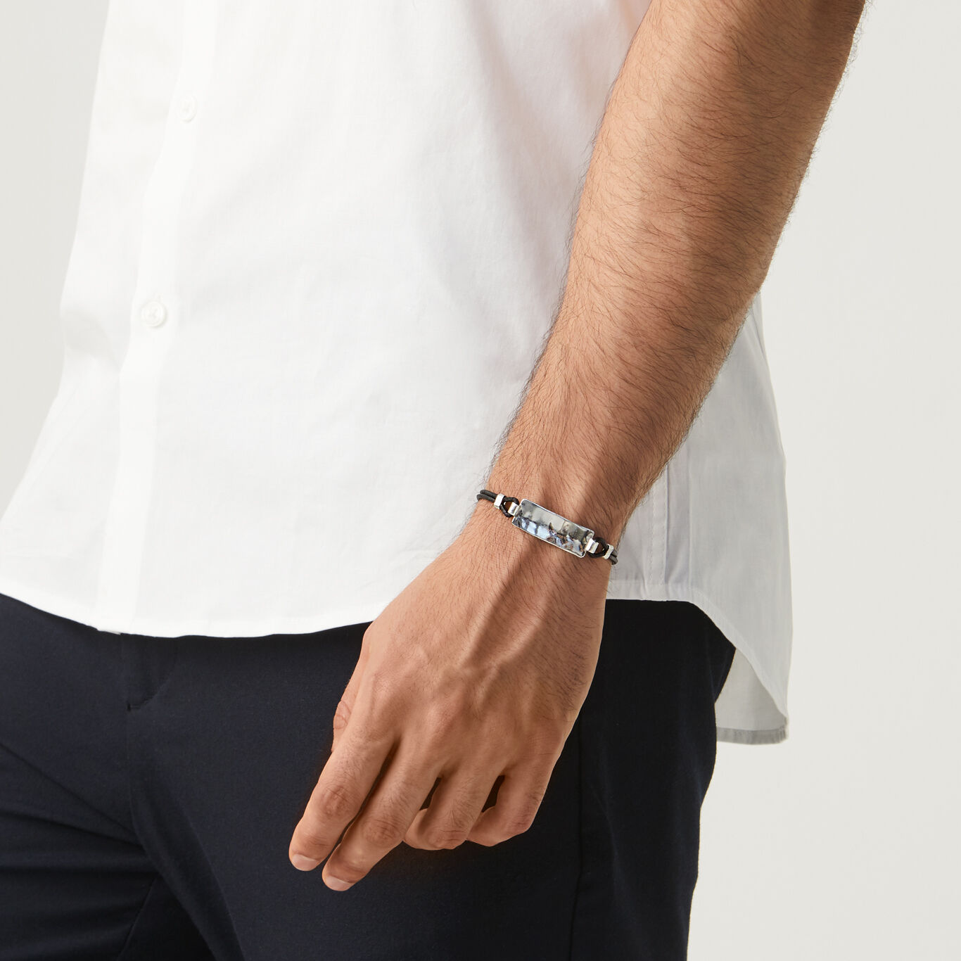 Plate Jack Bracelet, Bracelet in Sterling Silver and black leather_image number 1_Giovanni Raspini