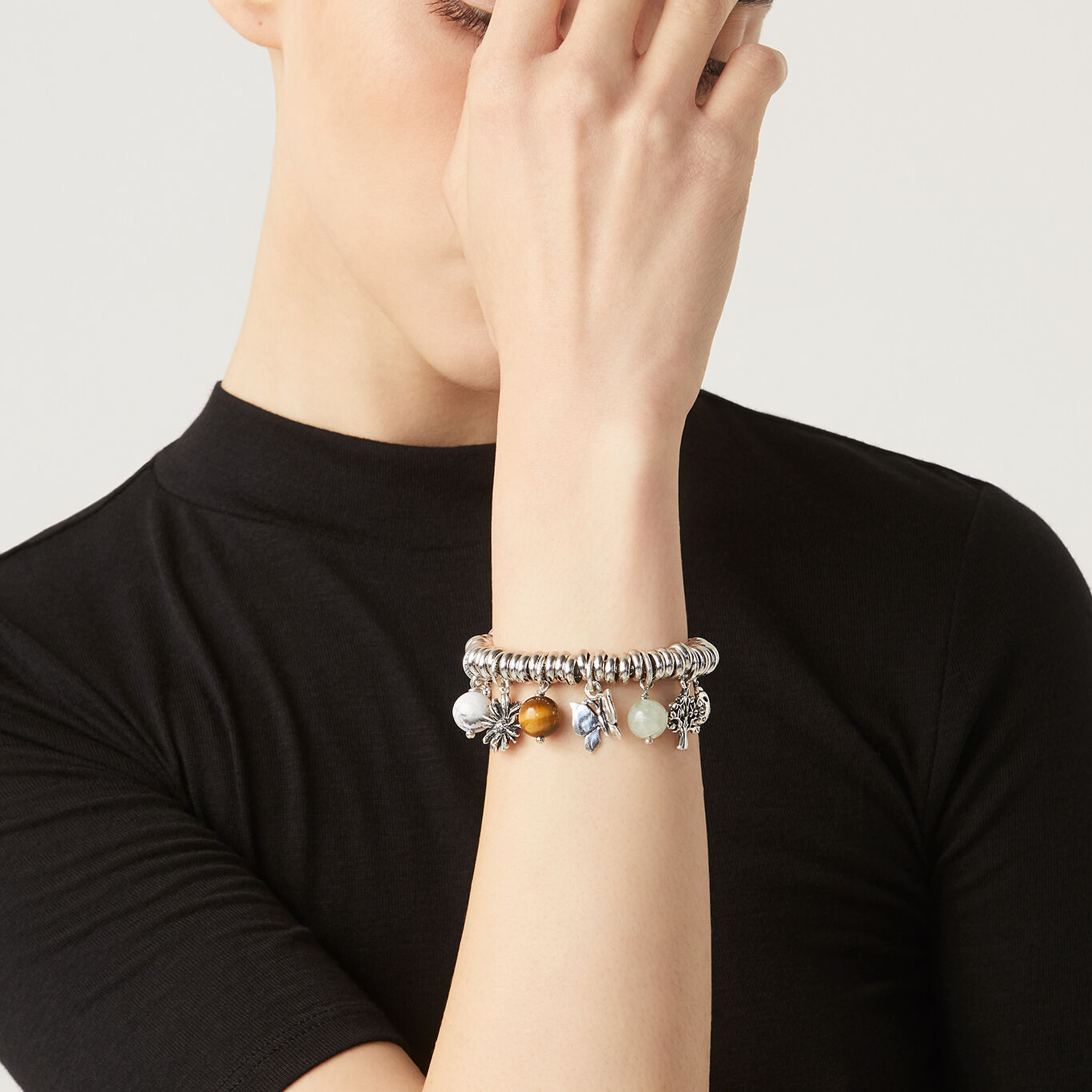 Nature Bracelet with Stones, Bracelet in Sterling Silver and prehnite, howlite, tiger's eye_image number 1_Giovanni Raspini