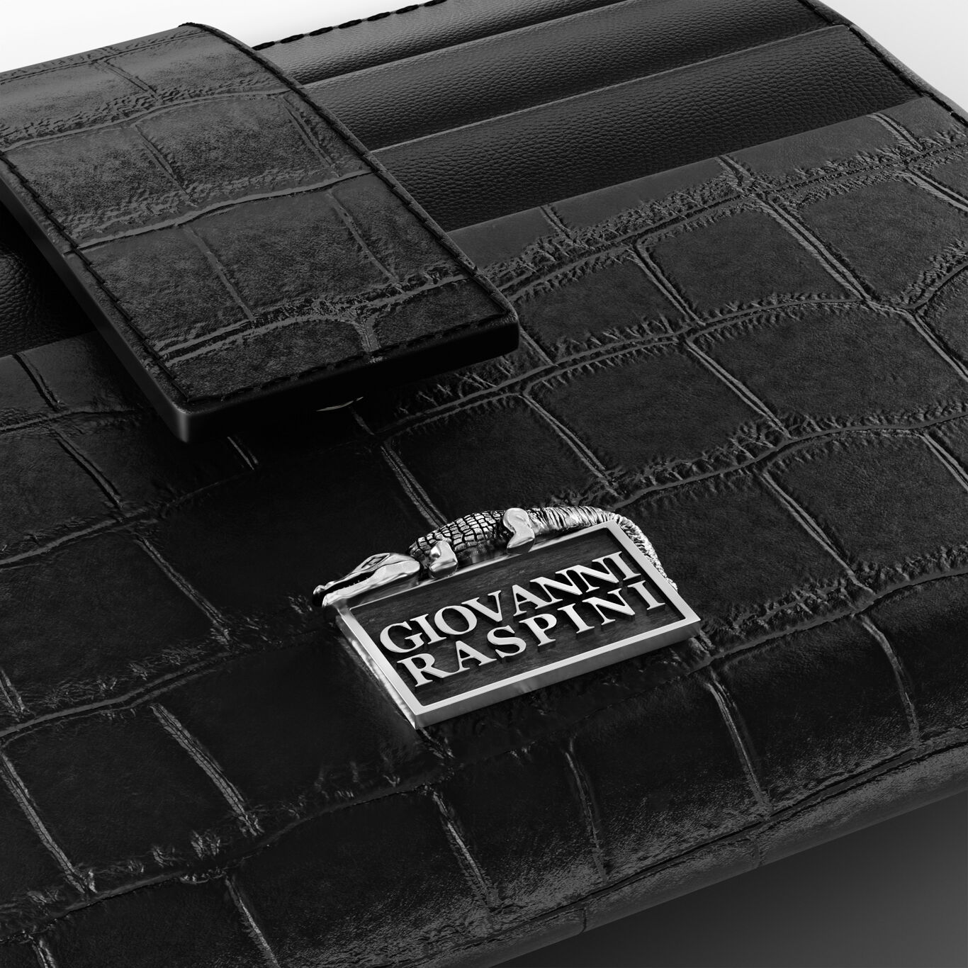 Cartera Tarjetero De Piel De Cocodrilo Negra, Portadocumentos de piel y decoraci&oacute;n ic&oacute;nica de plata 925_image number 3_Giovanni Raspini