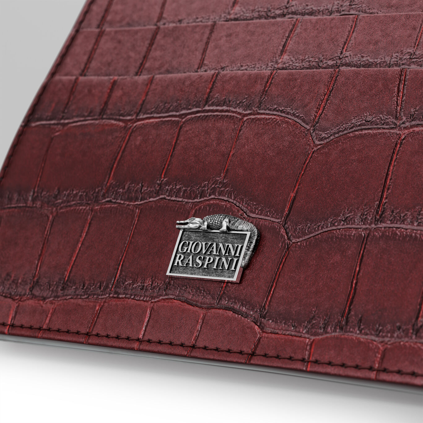 Burgundy Croco Leather Card Holder with Zip, Leather cardholder with iconic sterling silver decoration_image number 2_Giovanni Raspini