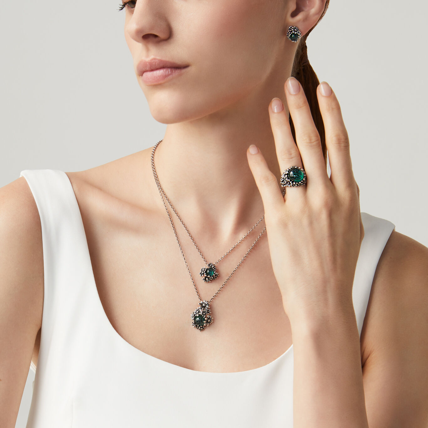 Daisies Garden Double Necklace, Necklace in Sterling Silver green agate and tourmaline quartz_image number 2_Giovanni Raspini