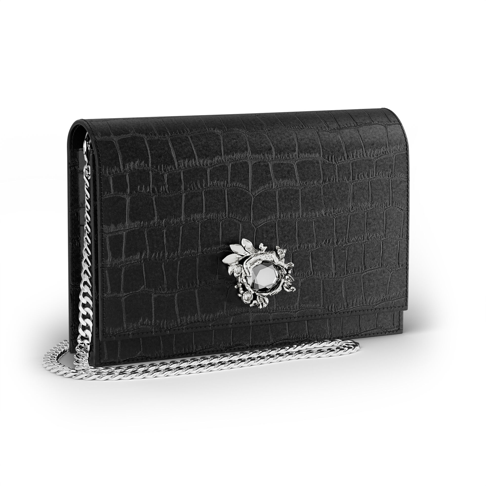 Black Croco Leather Jungle Clutch Bag image number 3