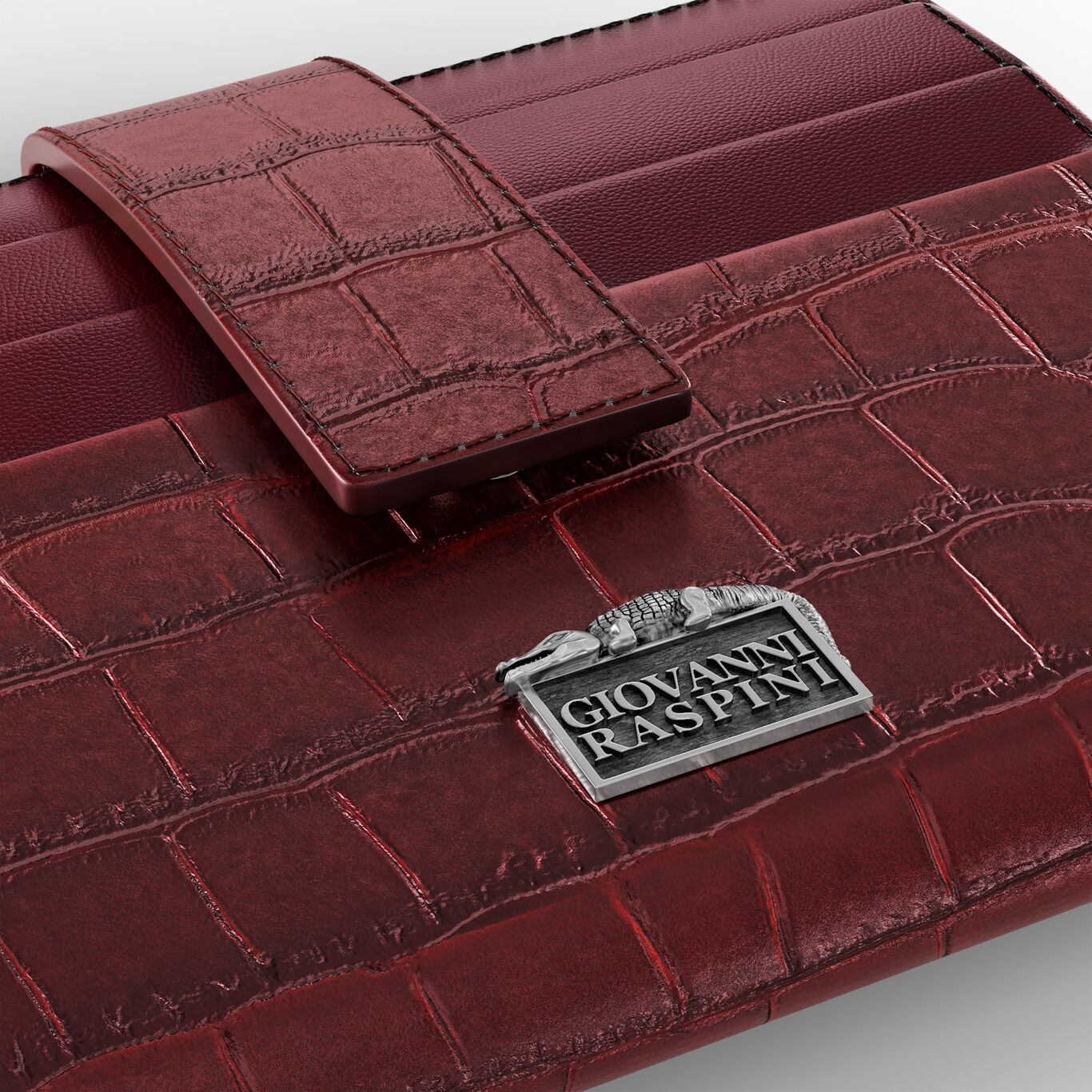 Portefeuille Porte-cartes en Cuir Croco Bordeaux, Portefeuille en cuir et d&eacute;coration embl&eacute;matique en argent massif_image number 3_Giovanni Raspini